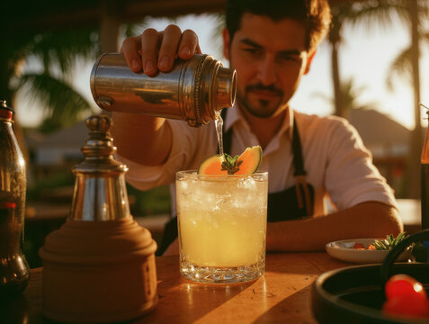 Young hispanic male bartender crafting tropical cocktail at sunset bar