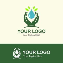 Modern Logo with two green hands holding a blue water drop with green leaves around it.