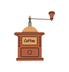 Wooden retro coffee bean grinder with handle. Hand drawn kitchen appliance, tool for fresh coffee grinding. Vintage kitchenware. Flat vector illustration isolated