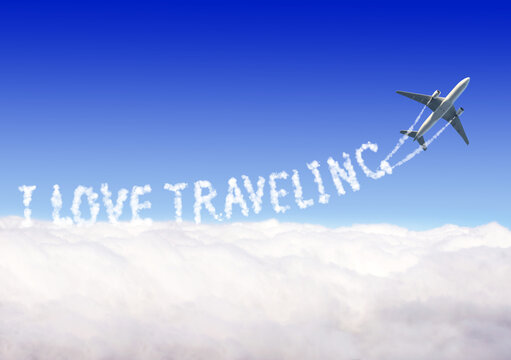 Blue sky with aircraft and Jet trailing smoke. Horizontal banner with airplane drawing a word I love traveling in sky. Topic of summer holiday, travel, trip abroad on vacation, cruises and tours