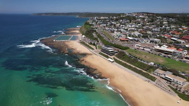 Merewether Ocean Baths With Beach In New South Wales, Australia - Aerial Pullback