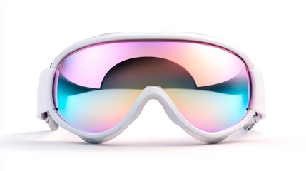 Colorful snow goggles with mirrored lens and white frame isolated on white background. Generative AI