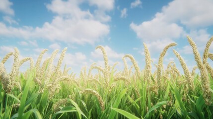 Obraz premium Lush Green Rice Field Under Bright Blue Sky with Fluffy Clouds