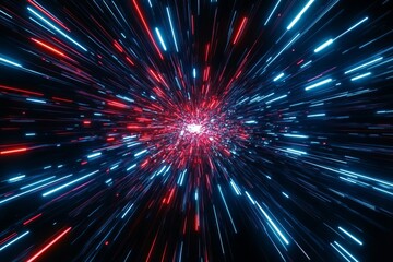 A futuristic, high-speed technology concept featuring a panoramic light abstract background. Dynamic motion light trails with a motion blur effect create a striking contrast against a dark backdrop. T