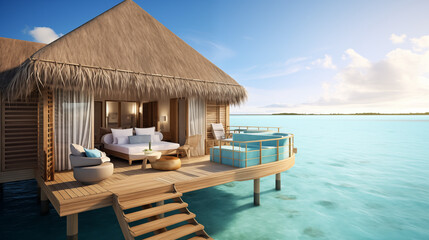 Fototapeta premium Island resort with overwater bungalow, thatched-roof house on stilts, large windows, lounging areas over turquoise waters, serene beach paradise with palm trees.