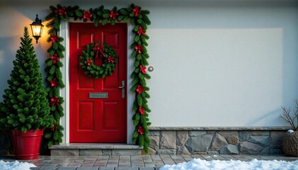 Fototapeta premium Front door adorned with pine and holly garland, , holiday decoration, seasonal decor