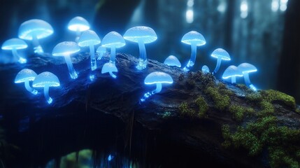 Exploring glowing mushrooms in a mystical forest nature photography enchanted environment close-up view