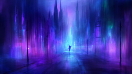 Fototapeta premium Ethereal Figure Traversing a Neon Cityscape Radiant with Blue and Purple Urban Lights