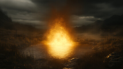 Fototapeta premium Ethereal Fire Lake Landscape Emitting Golden Light Amidst Misty Hills Under Gloomy Sky Serene Scene