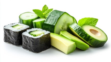 Fresh and Healthy Cucumber Sushi with Avocado Slices and Mint Leaves. Generative AI