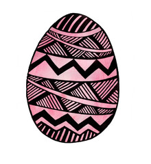 Easter egg painted with geometric ornament. Ornament with black outline. Watercolor fill in pink color. Lines of different thickness. Stripes, zigzags, triangles. Isolated on white background. Doodle.