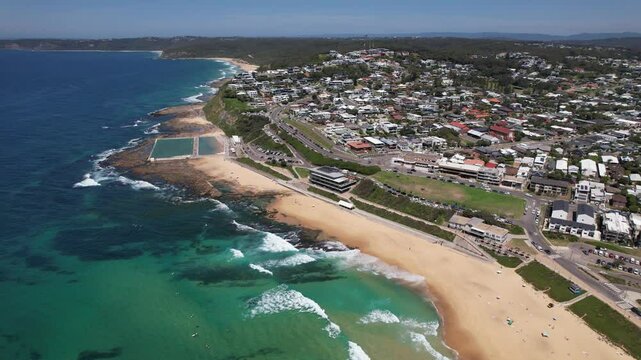 Aerial Shot Of Merewether Beach And Merewether Ocean Baths In NSW, Australia