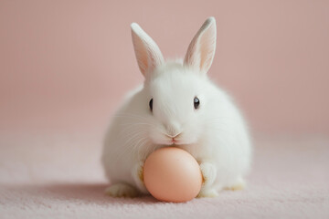 Obraz premium Adorable White Bunny Holding an Easter Egg on Soft Pastel Background – Cute Spring Holiday Concept