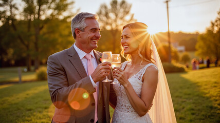Joyful groom toasting with bride at sunset, celebrating love