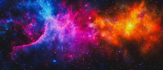 Naklejka premium A colorful galaxy with a purple cloud in the middle. There are many stars in the sky. The sky is mostly orange and yellow