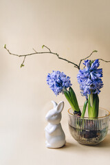 Hyacinth flowers in a glass vase on a beige background. Springtime Easter overhead banner with copy-space.