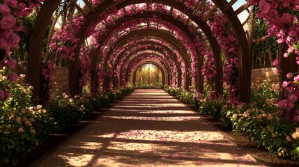 Serene Pathway Through Blossoming Floral Archways in a Lush Garden Oasis Beneath Soft Sunlight