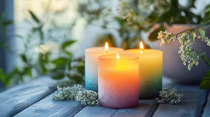 Colorful candles create a calming atmosphere on a wooden table with greenery