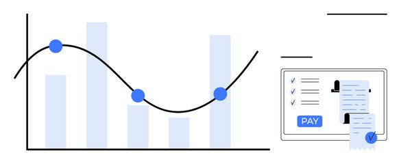 Bar graph with three data points and trend line. Tablet screen displaying digital invoice with check marks and pay button. Ideal for finance, analytics, budgeting, invoicing, digital payment © robu_s