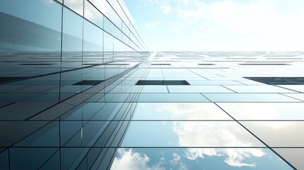 Office building exterior, sleek architecture, glass facade reflecting the sky.
