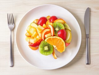 Colorful Fruit Salad on White Plate with Cutlery