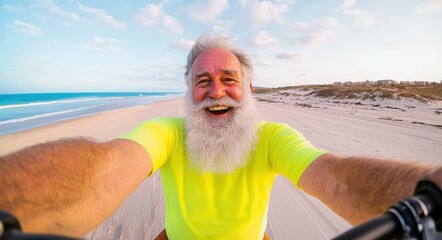 Joyful Senior Man with Beard Enjoying Beach Scenery at Sunset