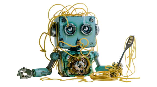 Messy Robot Eating Spaghetti, Kitchen, Digital Art, Food Illustration