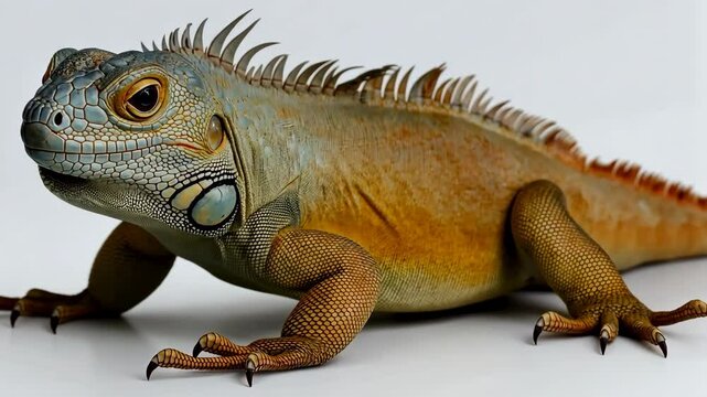 A lizard with orange and white stripes is laying on a white background. The lizard has a curious expression on its face