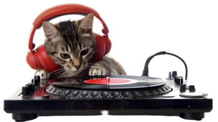 Kitten DJing vinyl records, headphones, studio, music