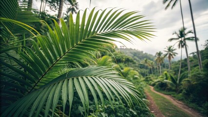 Obraz premium Stunning Tilt-Shift Tropical Palm Frond Leaf Background, Lush Greenery and Vibrant Nature, Perfect for Tropical Themes, Summer Vibes, and Exotic Decor