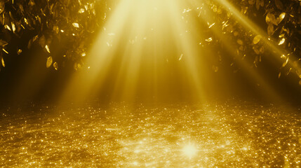 Ethereal Golden Light Rays Piercing Through Foliage Creating Glittering Ground Illumination Display