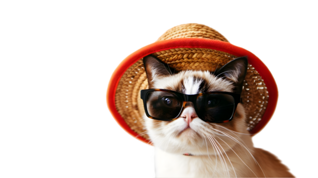 Grumpy cat, straw hat, sunglasses, studio, black background, meme - Powered by Adobe