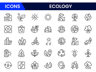 Ecology icon set. Ecofriendly icon, nature icons set. Linear ecology icons. Environmental sustainability simple symbol. Simple Set of  Line Icons.Global Warming, Forests, Organic Farming.