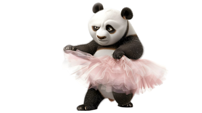 Adorable panda ballerina twirling tutu, studio, children's book illustration