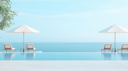 Obraz premium Tranquil Poolside Oasis Featuring Two Comfortable Lounge Chairs Under Stylish Umbrellas Surrounded by Lush Greenery and Inviting Relaxation Atmosphere