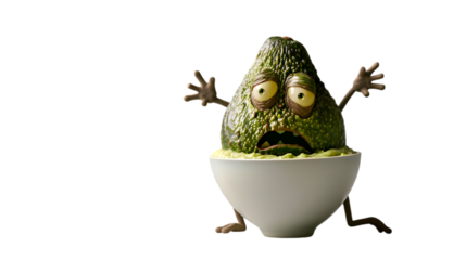 Spoiled avocado character in bowl, studio shot, dark background, food advertising