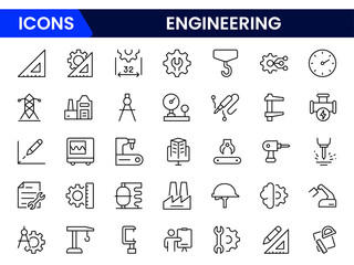 Engineering and manufacturing line icons collection. Big UI icon set in a flat design. Thin outline icons pack.