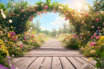 Fototapeta premium Floral arch path, garden, spring, sunlight, walkway, blossoms, idyllic, wedding