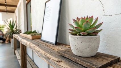 Surreal Jade Succulent Photography: Cement Pot, Wooden Shelf, White Wall, Banner