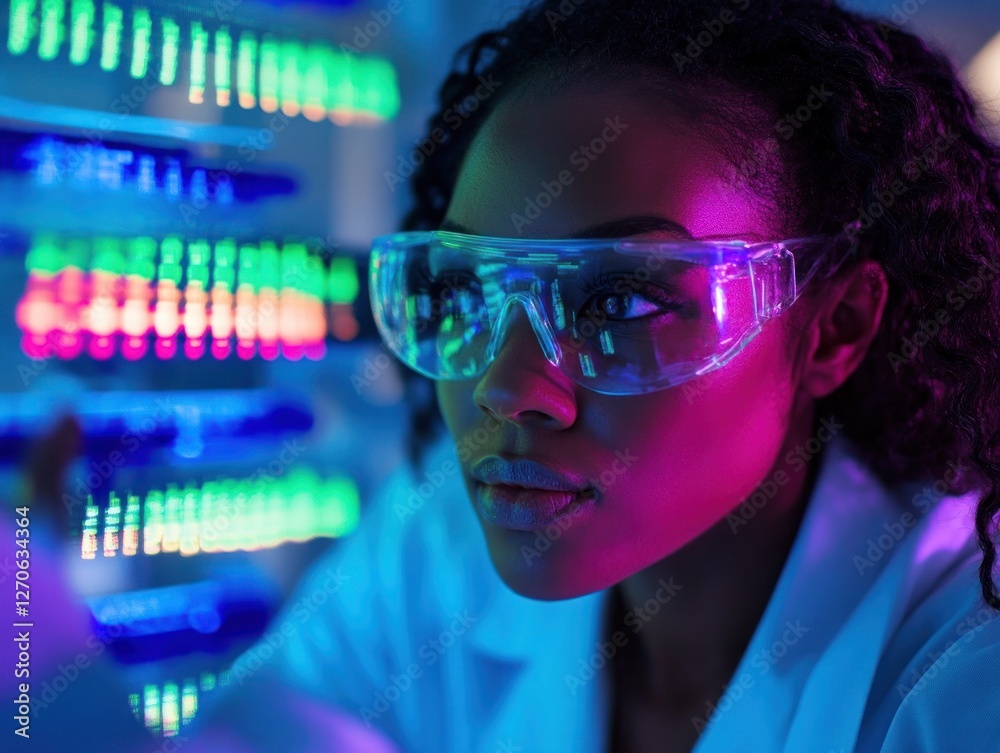 Poster scientist analyzing data in colorful laboratory setting