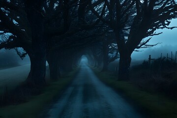 Obraz premium Foggy road, tree tunnel, dusk, rural landscape, mystery
