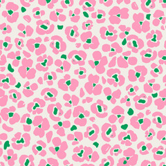 Bright pink colorful leopard fur seamless pattern. Wild exotic animal print design. Abstract simple flowers, flat design. Vector wallpaper.