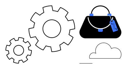 Two black gears next to a stylish black purse with a blue tag and a simplified cloud symbol. Ideal for fashion tech, innovation, industry, cloud storage, technology solutions, e-commerce