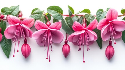 Fototapeta premium Fuchsia Flowers In Full Bloom Isolated On A White Background. Generative AI