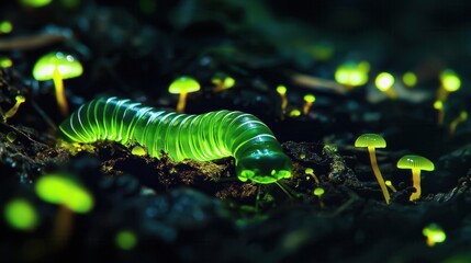 Illuminated caterpillar crawls through glowing mushrooms in enchanted forest macro photography nighttime wonder