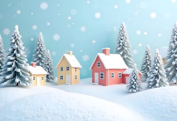 Christmas composition with toy houses, twigs and trees with snow on a blue background. New Year background. Beautiful greeting card. Top view
