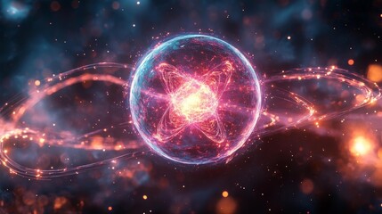 Brightly glowing atom with rotating particles in digital space. Generative AI