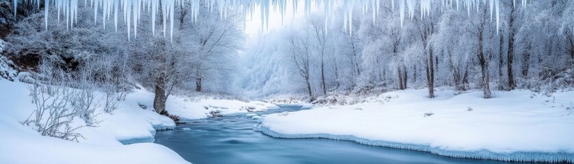 Tranquil River Flowing Through a Pristine Snowy Forest Surrounded by Majestic Pine Trees Creating a Peaceful Winter Wonderland Scene