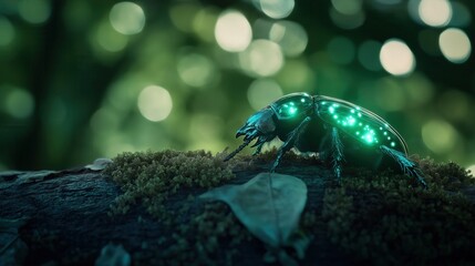 Illuminated beetle crawling on mossy log enchanted forest macro photography natural environment close-up perspective