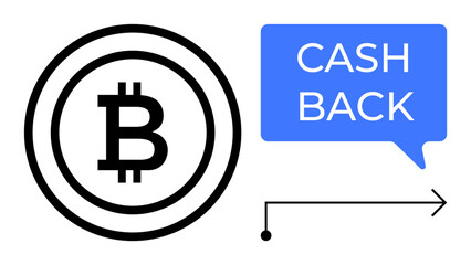 Fototapeta premium Bitcoin coin icon next to a blue speech bubble reading Cash Back with a directional arrow. Ideal for cryptocurrency, finance, digital rewards, blockchain, investment incentives, financial strategies